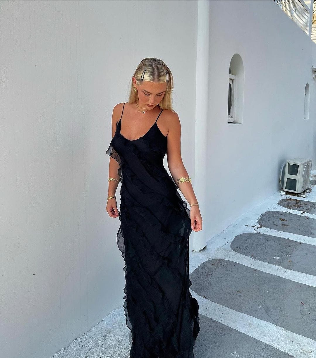 Women's Maxi Dress – Slim Fit – Spaghetti Straps – Ruffles – Airy Elegant Style - Image 5