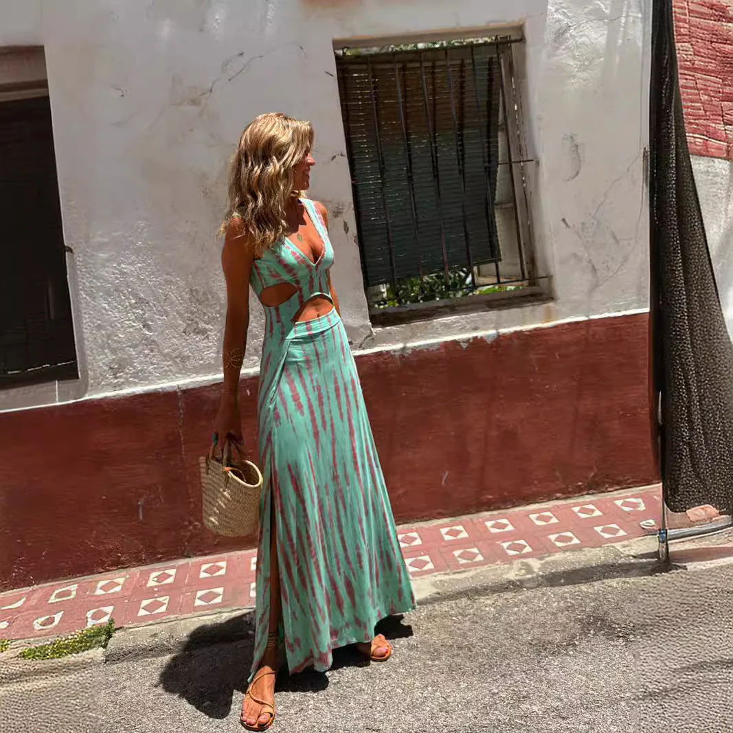 Ladies Maxi Dress – Slim Fit – V-Neck – Waist Cut-Out – Breathable Fabric – Print - Image 3