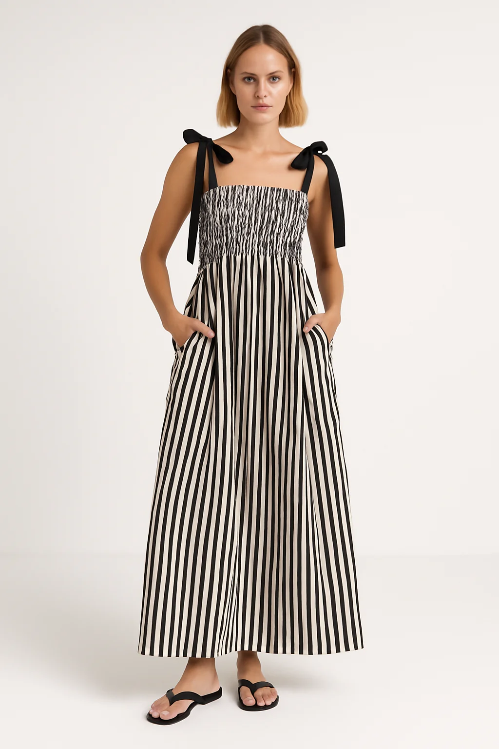 Ladies Maxi Dress – Spaghetti Straps – Ruched Bust – Flowy Model – Pockets - Image 2