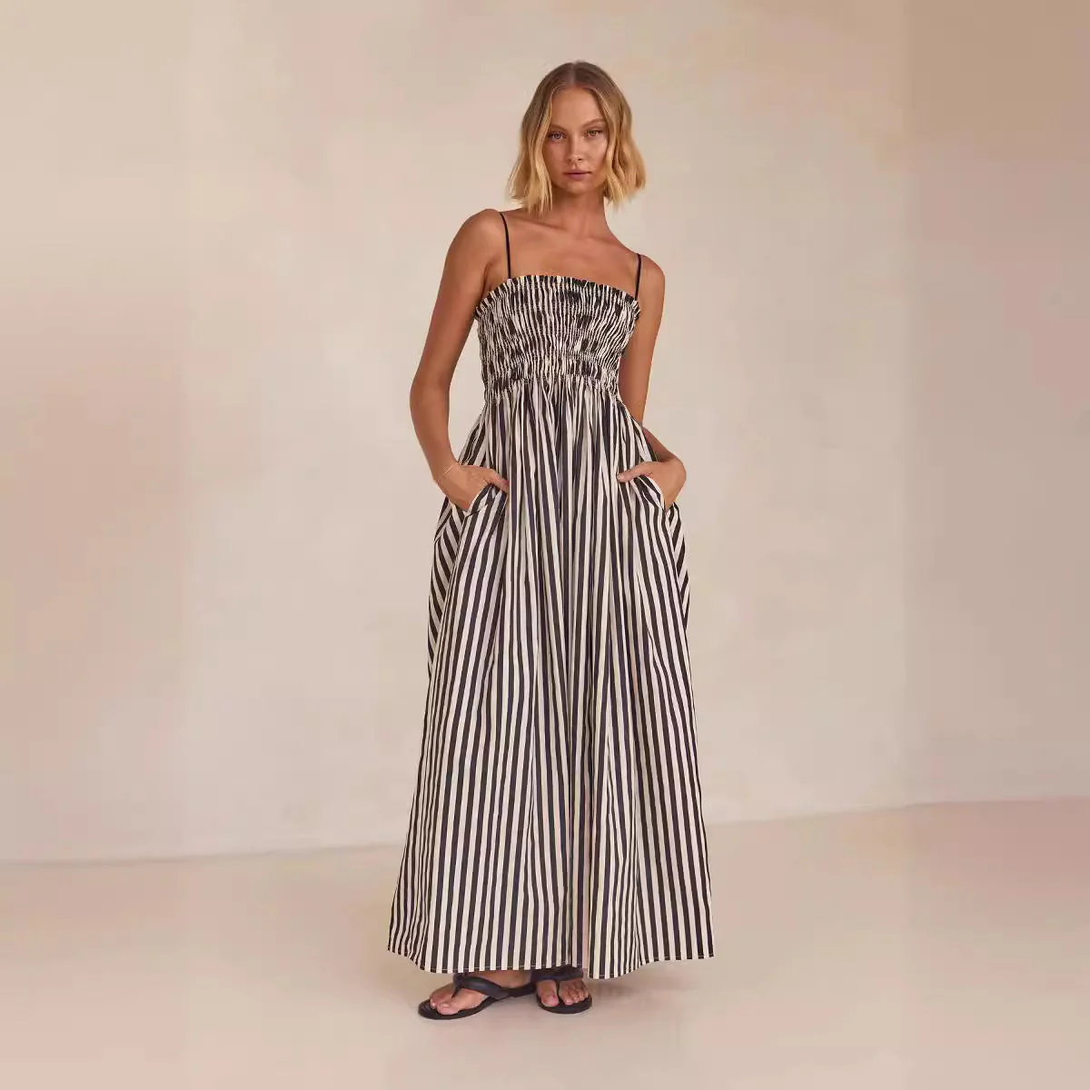 Ladies Maxi Dress – Spaghetti Straps – Ruched Bust – Flowy Model – Pockets - Image 3