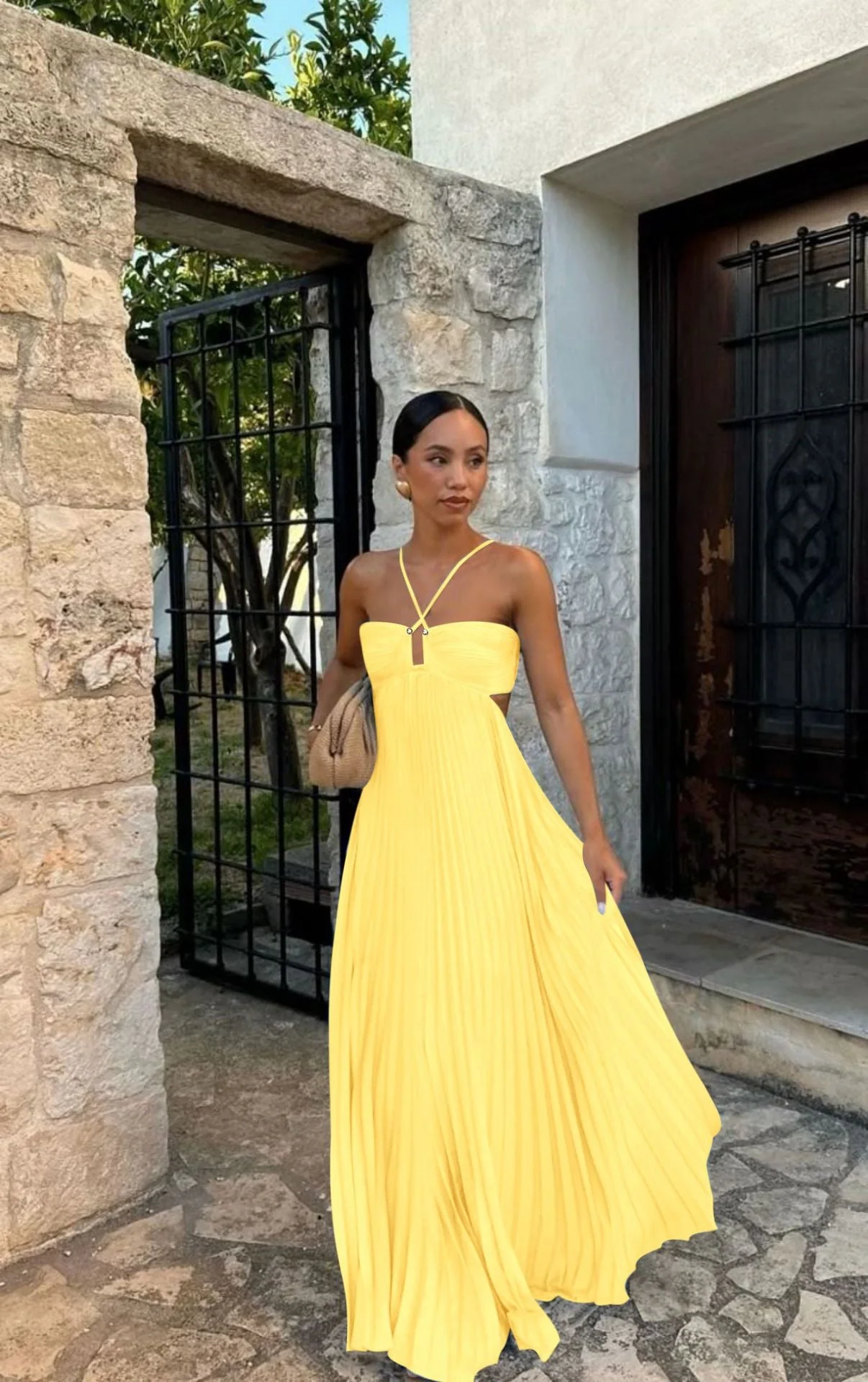 Women's Maxi Dress – Strapless – Crisscross Top – A-line – Side Cut-Outs – Airy Fabric - Image 3