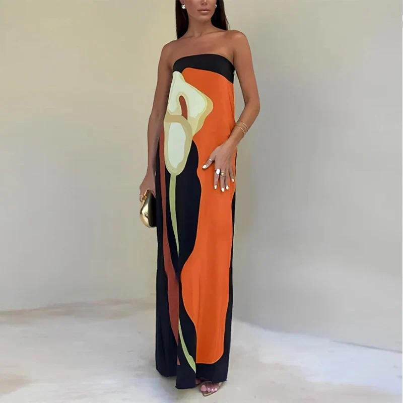 Women's Maxi Dress – Strapless – Loose Fitting Model – Soft Fabric – Abstract Print - Image 3