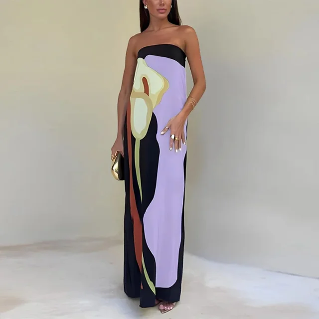 Women's Maxi Dress – Strapless – Loose Fitting Model – Soft Fabric – Abstract Print - Image 4