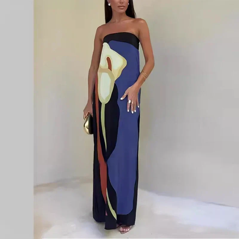 Women's Maxi Dress – Strapless – Loose Fitting Model – Soft Fabric – Abstract Print - Image 5