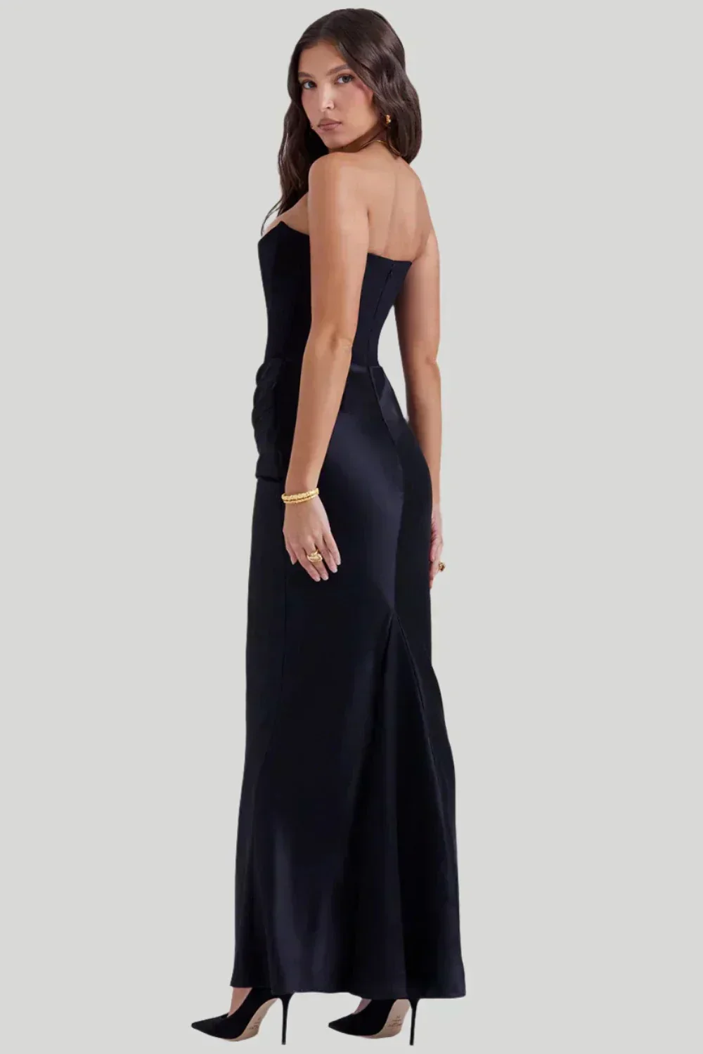 Women's maxi dress – Strapless model – Luxury shiny fabric – Elegant draping - Image 3