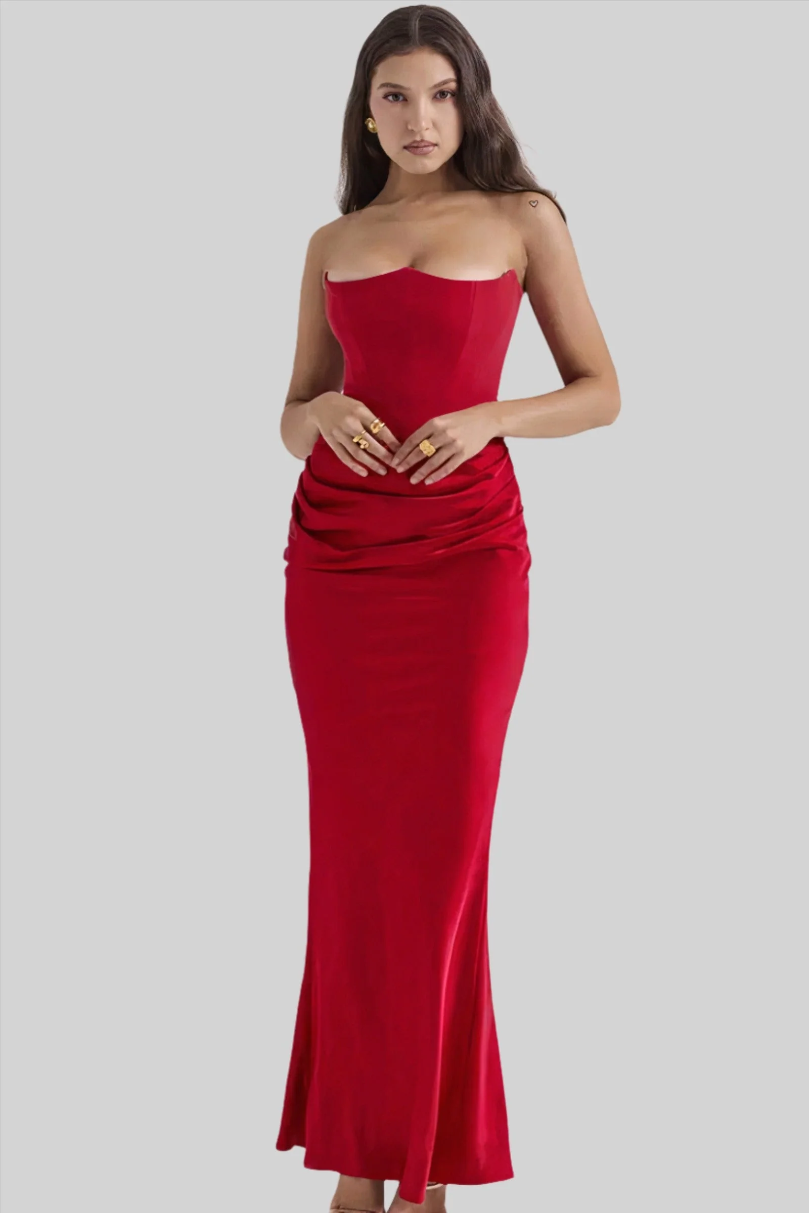 Women's maxi dress – Strapless model – Luxury shiny fabric – Elegant draping - Image 4
