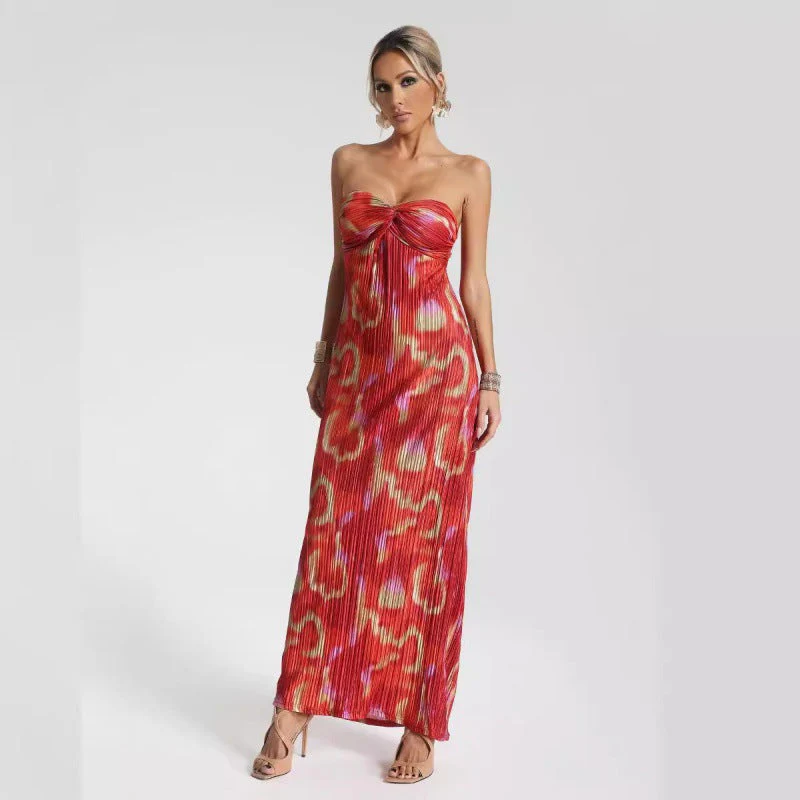 Women's Maxi Dress – Strapless – Slim Fit – Pleated Fabric – Abstract Print – Elegant - Image 2