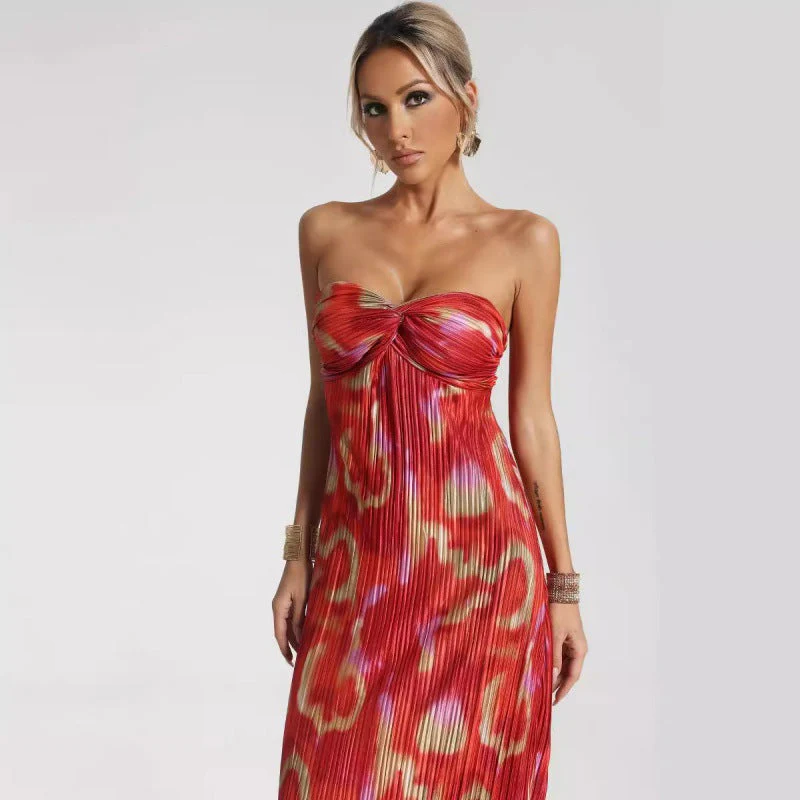 Women's Maxi Dress – Strapless – Slim Fit – Pleated Fabric – Abstract Print – Elegant - Image 3