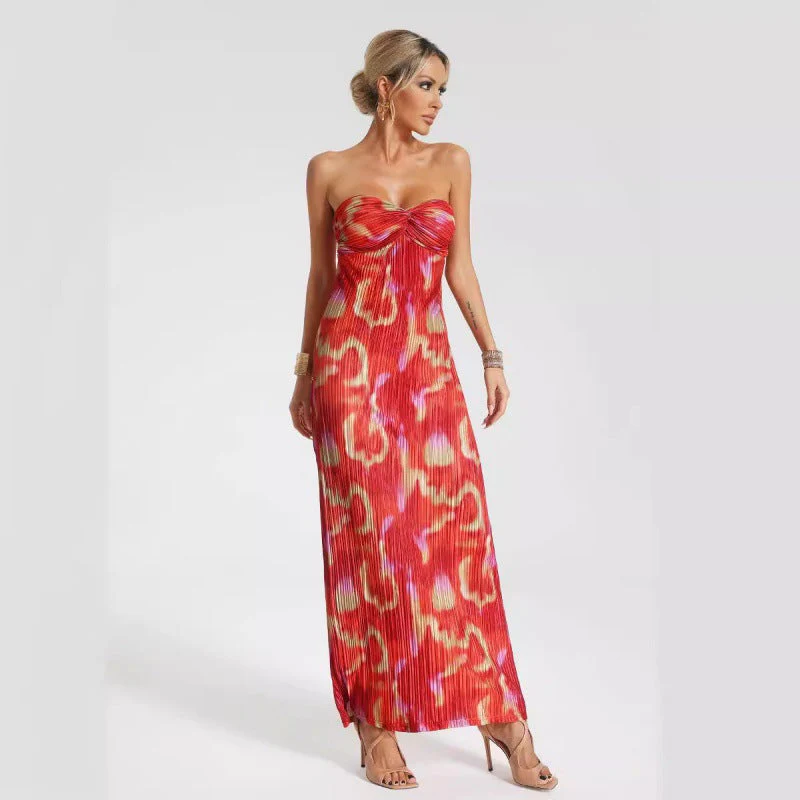 Women's Maxi Dress – Strapless – Slim Fit – Pleated Fabric – Abstract Print – Elegant - Image 4