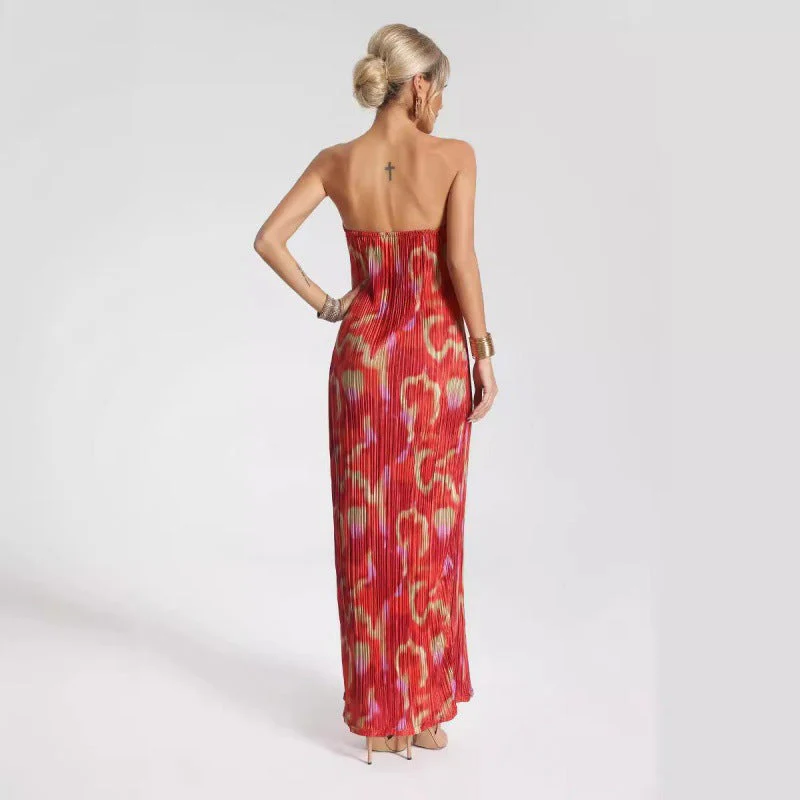 Women's Maxi Dress – Strapless – Slim Fit – Pleated Fabric – Abstract Print – Elegant - Image 5