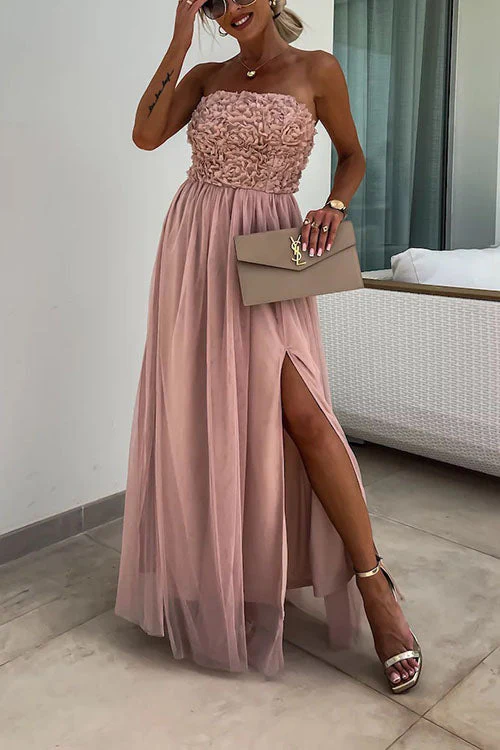 Ladies Maxi Dress – Strapless – Textured Bust – High Split – Elegant Flowy Fit - Image 4