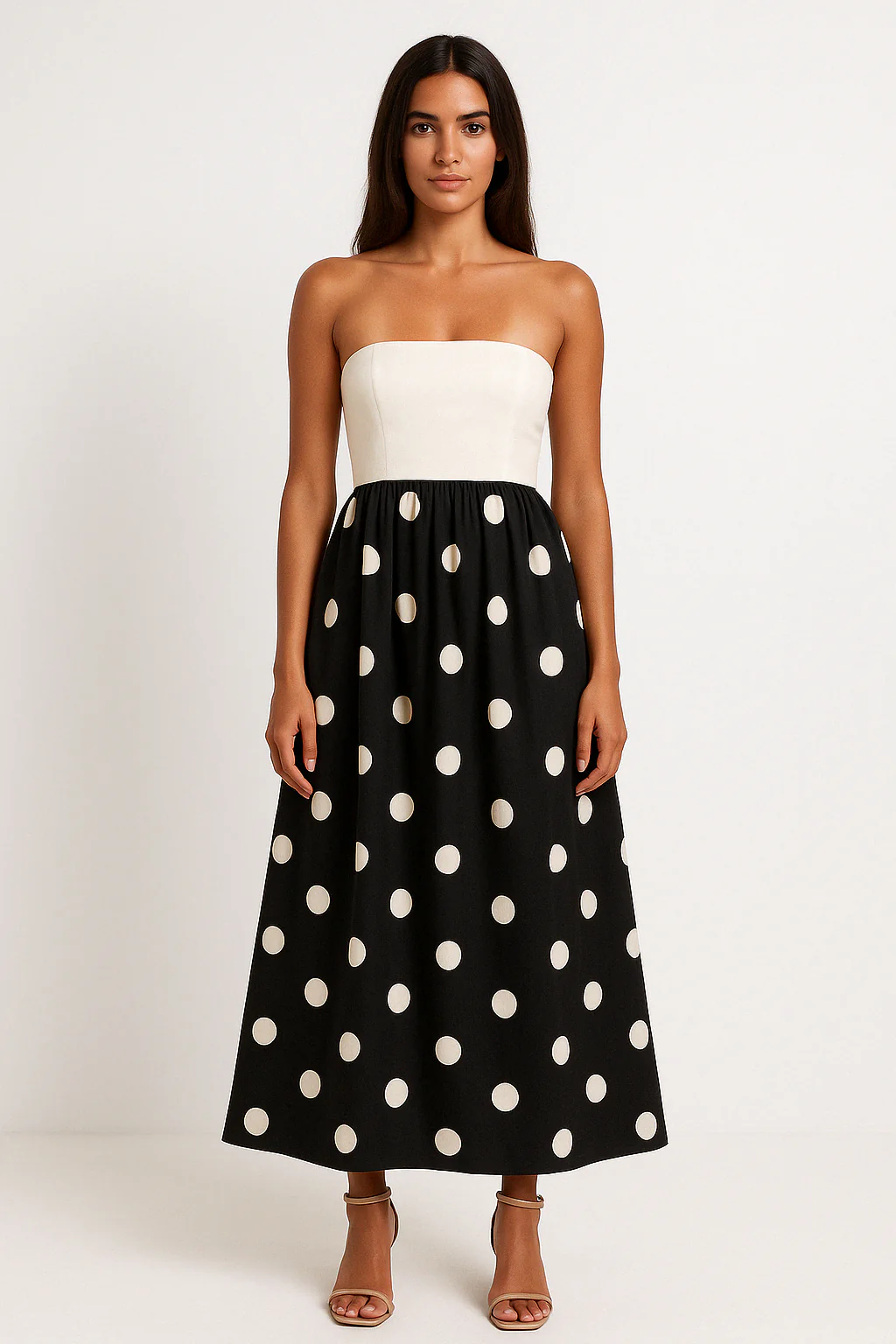 Ladies Maxi Dress – Strapless Wrap Top – Breathable Fabric – A-Line With Polka Dots - Image 2