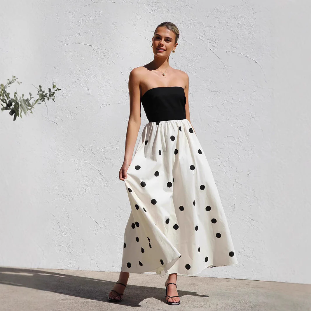 Ladies Maxi Dress – Strapless Wrap Top – Breathable Fabric – A-Line With Polka Dots - Image 3