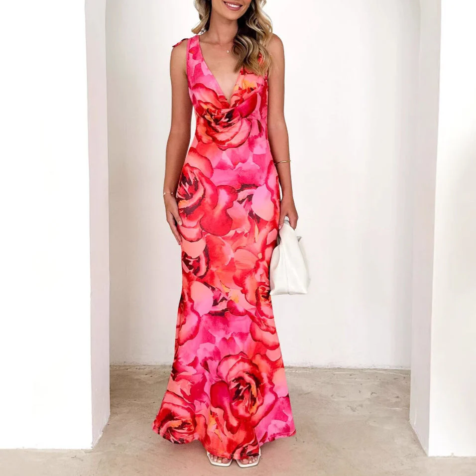 Ladies Maxi Dress – Stretch Fit – Floral Print – V-neck – Sleeveless – Elegant Draping - Image 2