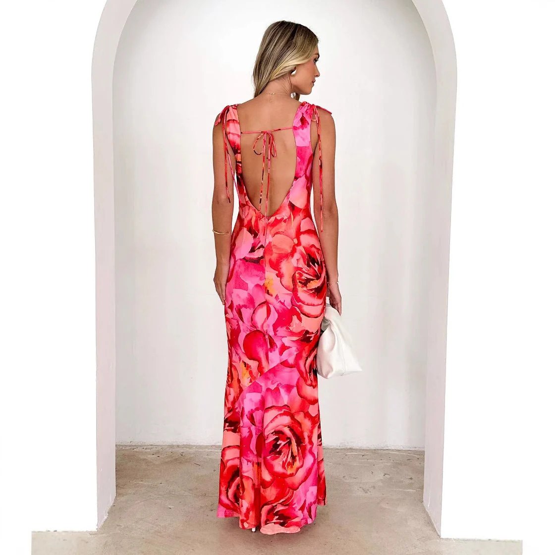 Ladies Maxi Dress – Stretch Fit – Floral Print – V-neck – Sleeveless – Elegant Draping - Image 4
