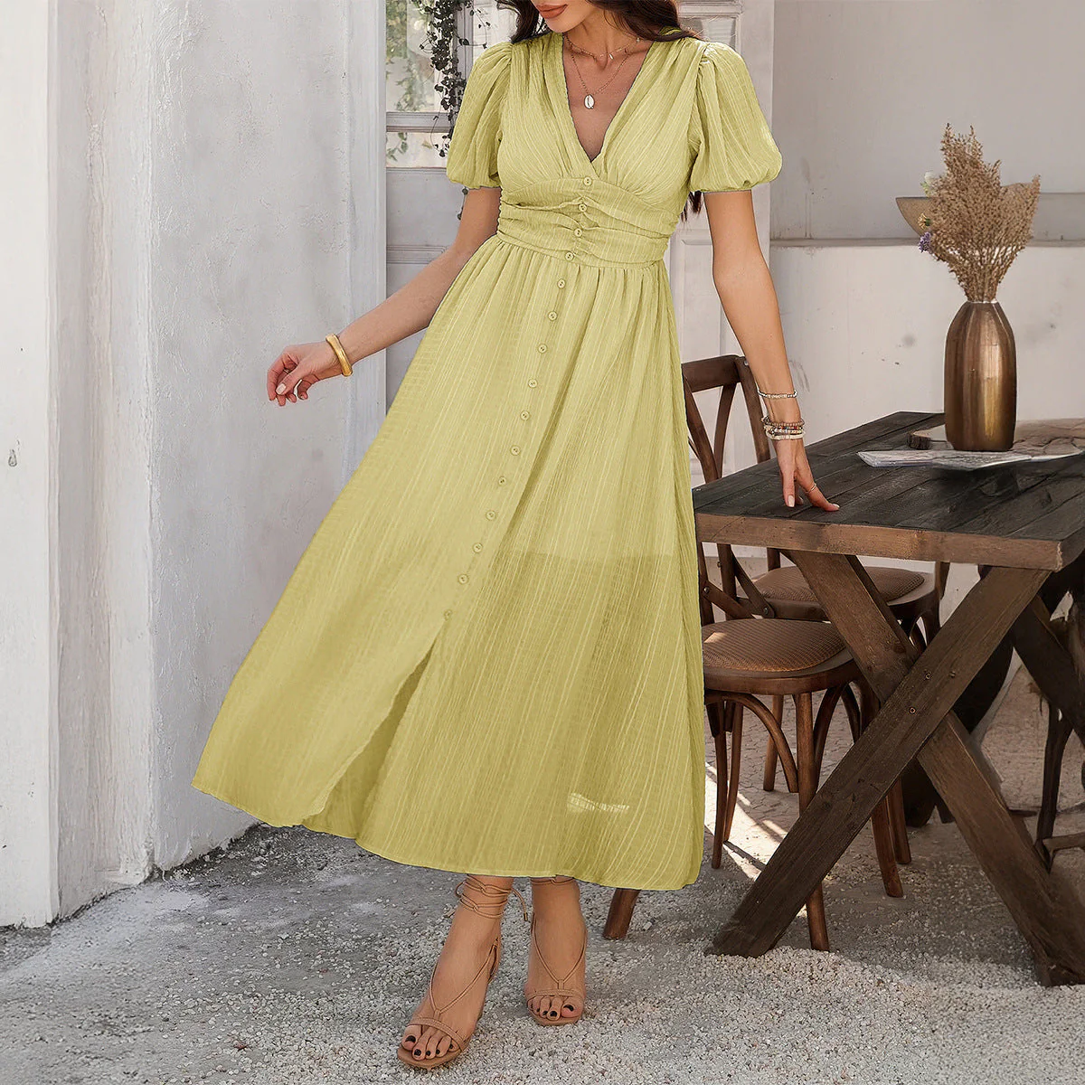 Ladies maxi dress – V-neck – High waist – Short sleeves – Split – Button details - Image 2