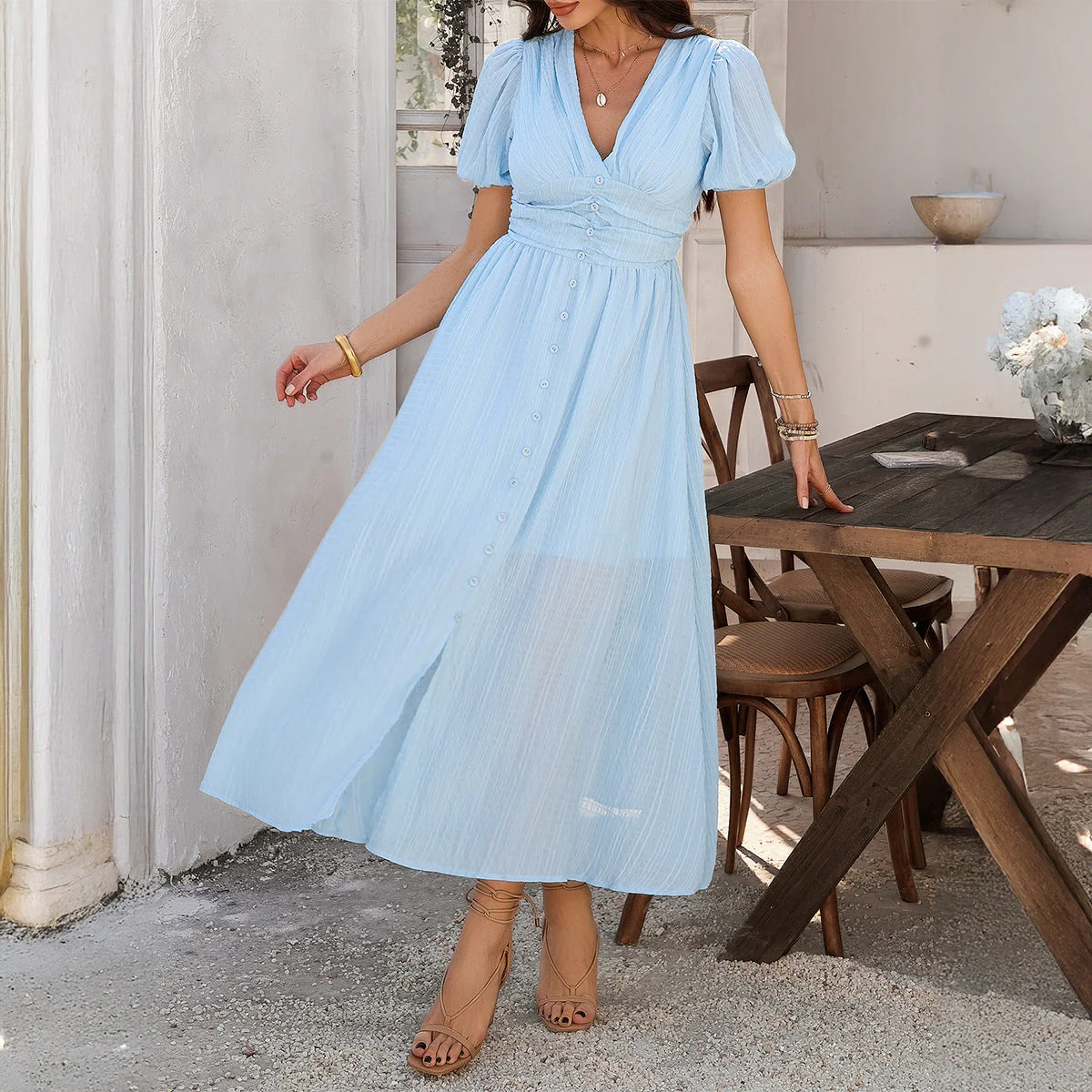 Ladies maxi dress – V-neck – High waist – Short sleeves – Split – Button details - Image 4