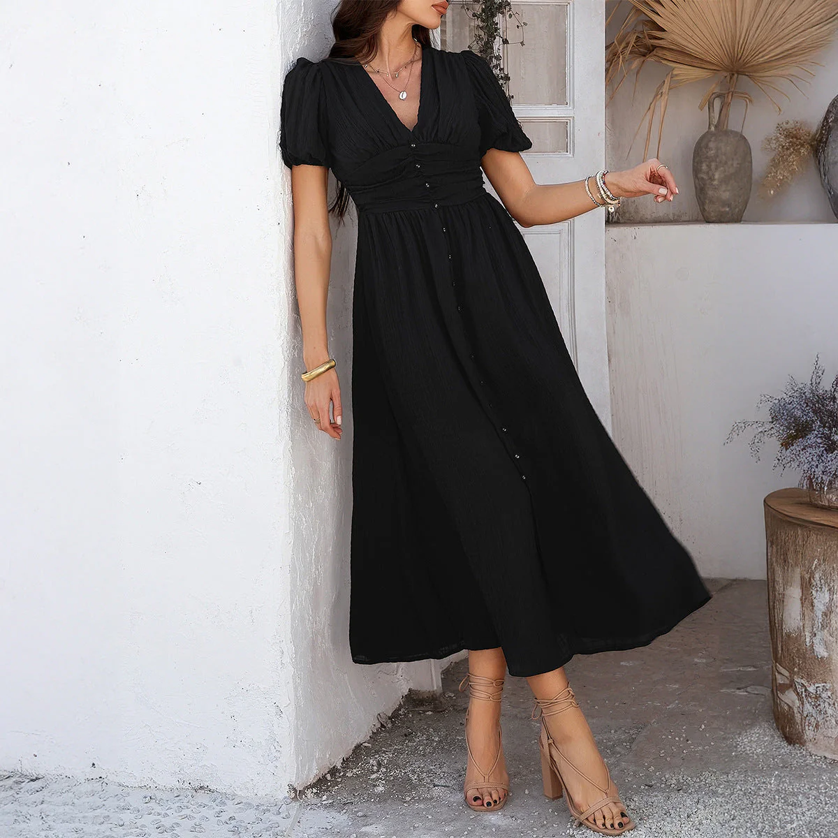 Ladies maxi dress – V-neck – High waist – Short sleeves – Split – Button details - Image 5