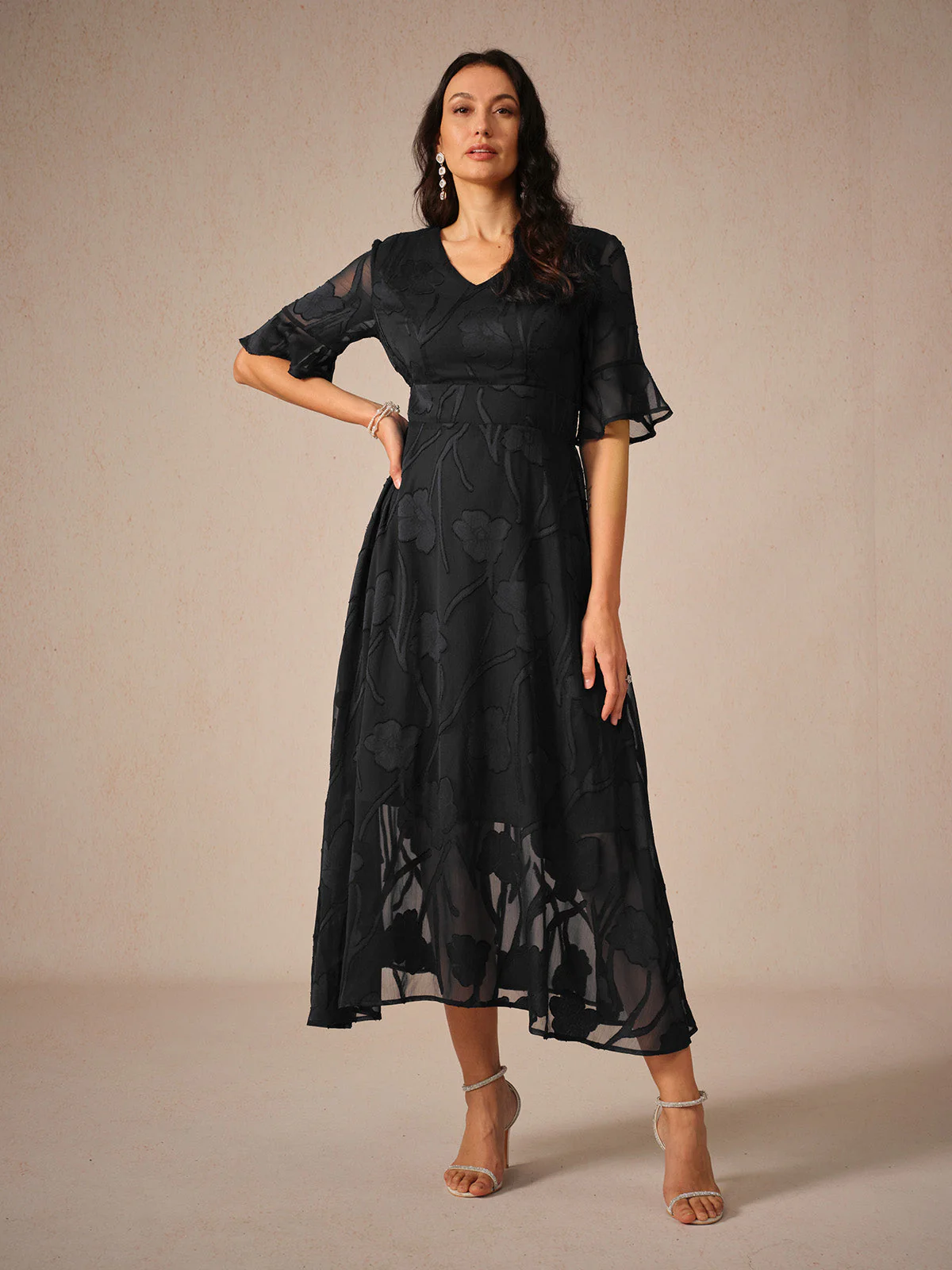 Ladies Maxi Dress – V-Neck – Lace Floral Design – A-Line – Elegant Fit - Image 4
