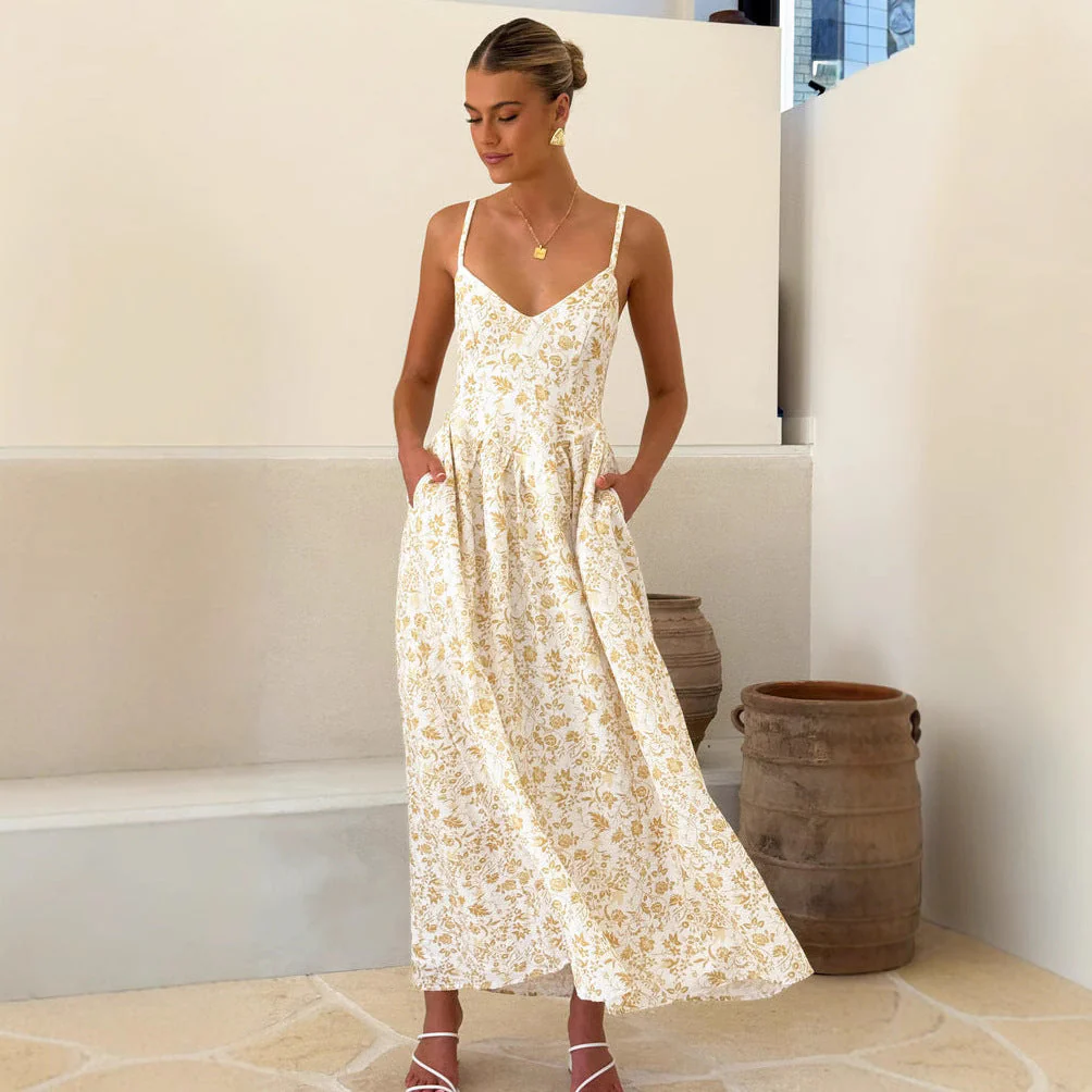 Ladies Maxi Dress – V-Neck Sleeveless – A-line – Floral Print – Back Tie Closure - Image 3