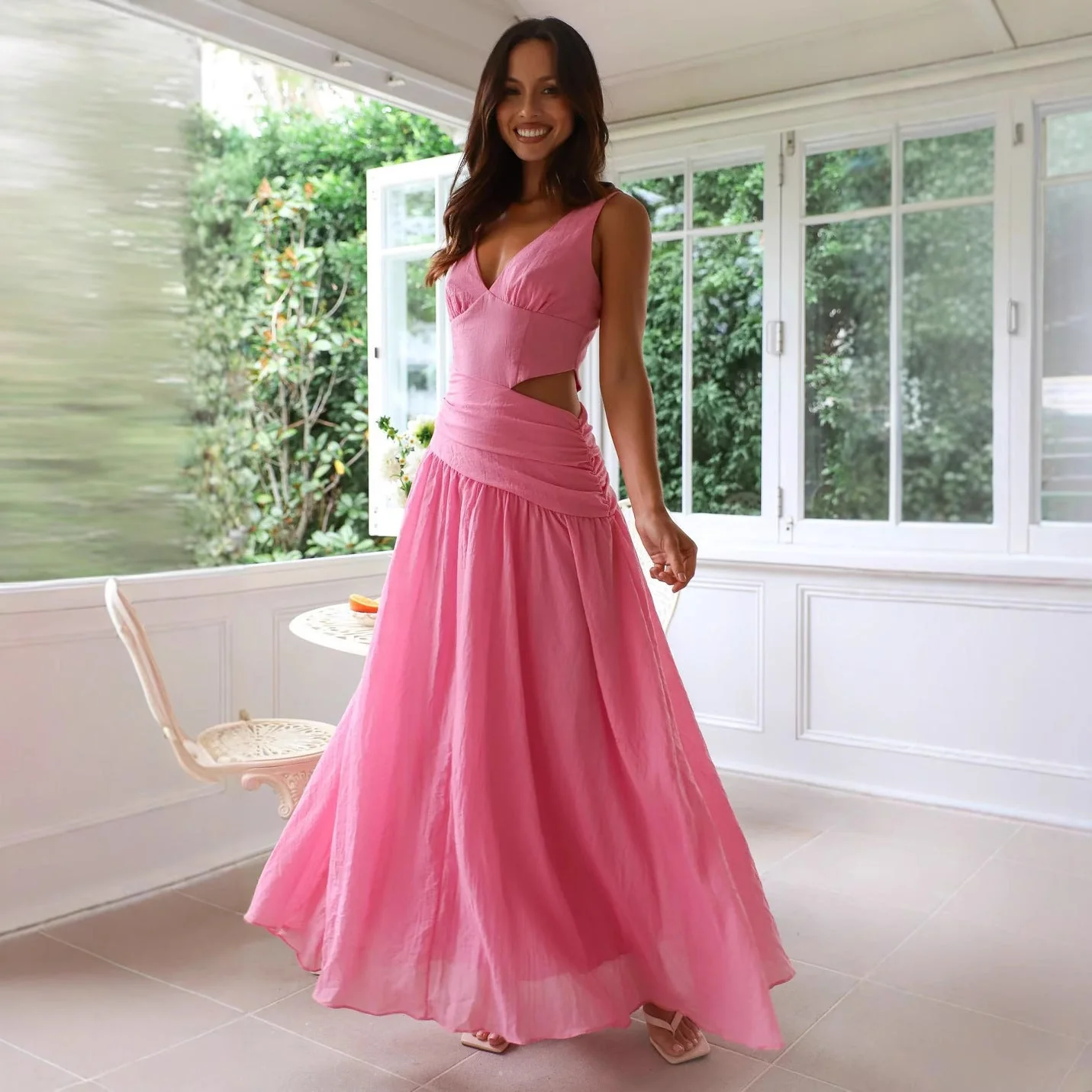 Ladies Maxi Dress – V-Neck – Sleeveless – A-Line Model – Elegant Waist Cut-Outs - Image 2