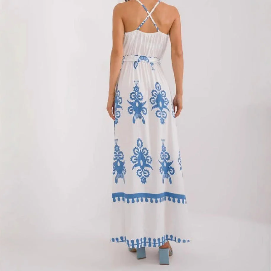 Women's Maxi Dress – V-neck – Sleeveless – Empire Waist – Lightweight Cotton – Print - Image 2