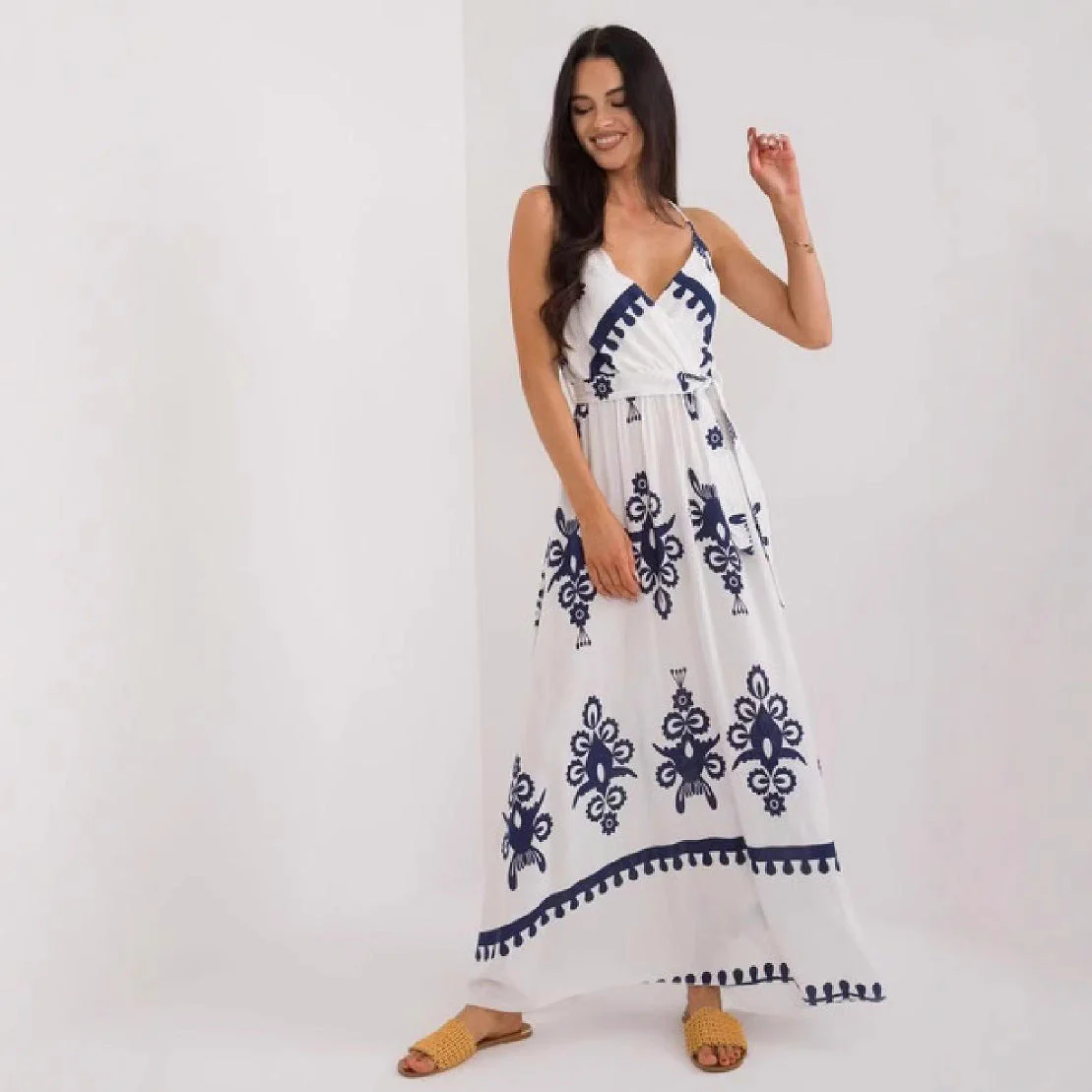 Women's Maxi Dress – V-neck – Sleeveless – Empire Waist – Lightweight Cotton – Print - Image 3