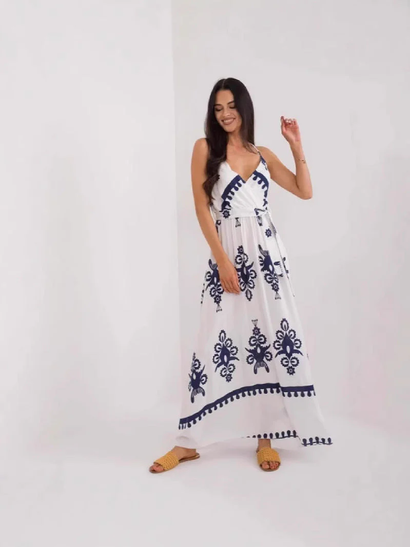 Women's Maxi Dress – V-neck – Sleeveless – Empire Waist – Lightweight Cotton – Print - Image 5