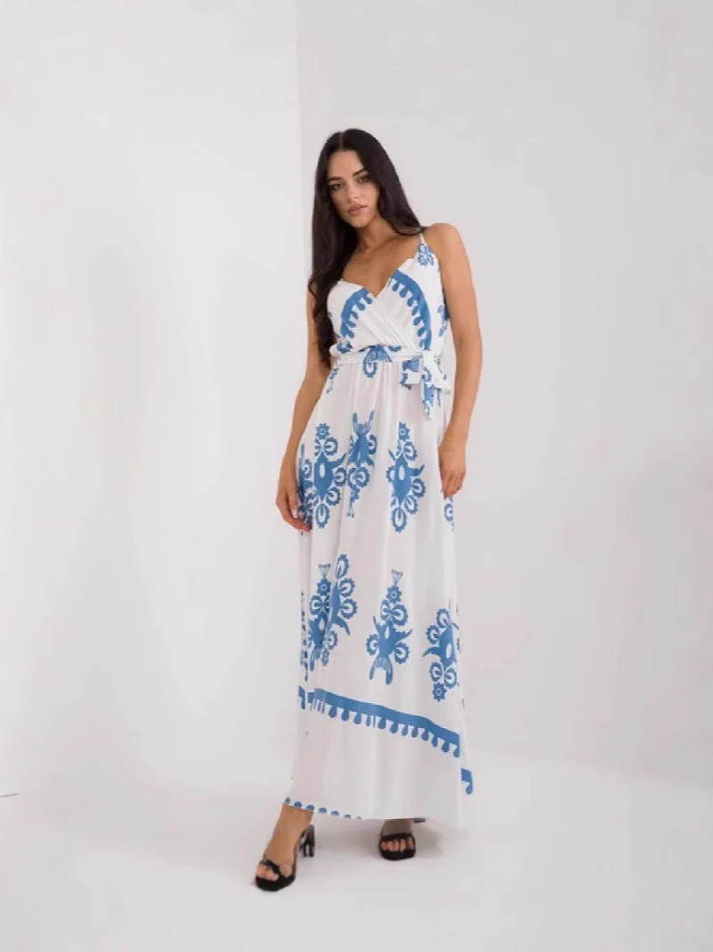 Women's Maxi Dress – V-neck – Sleeveless – Empire Waist – Lightweight Cotton – Print - Image 6