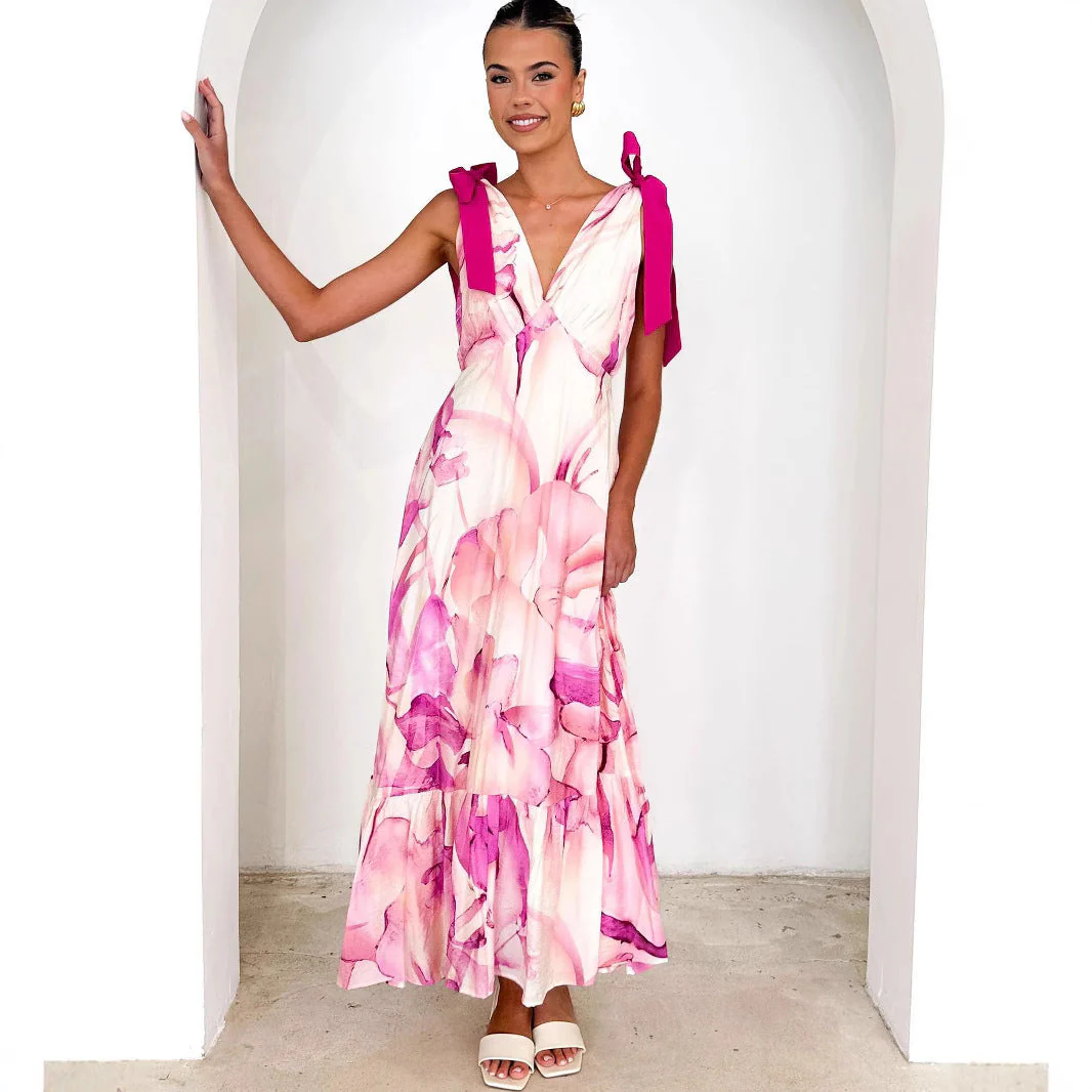 Women's Maxi Dress – V-Neck – Sleeveless – Tie-Strap Shoulders – Loose Fit - Image 2