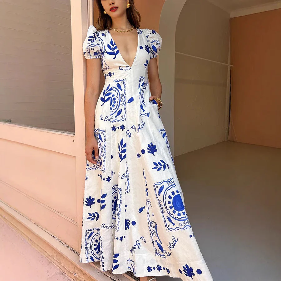 Women's Maxi Dress – V-neck – Puff Sleeves – Floral Print – Airy Fit - Image 2