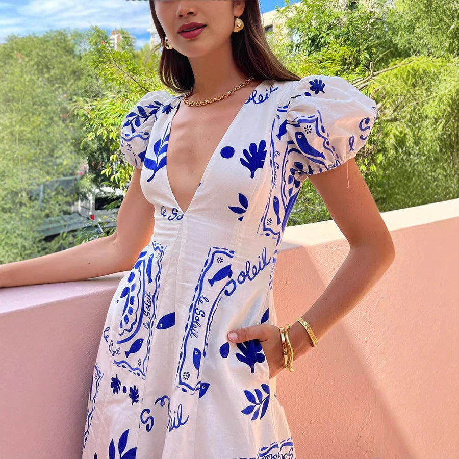Women's Maxi Dress – V-neck – Puff Sleeves – Floral Print – Airy Fit - Image 3