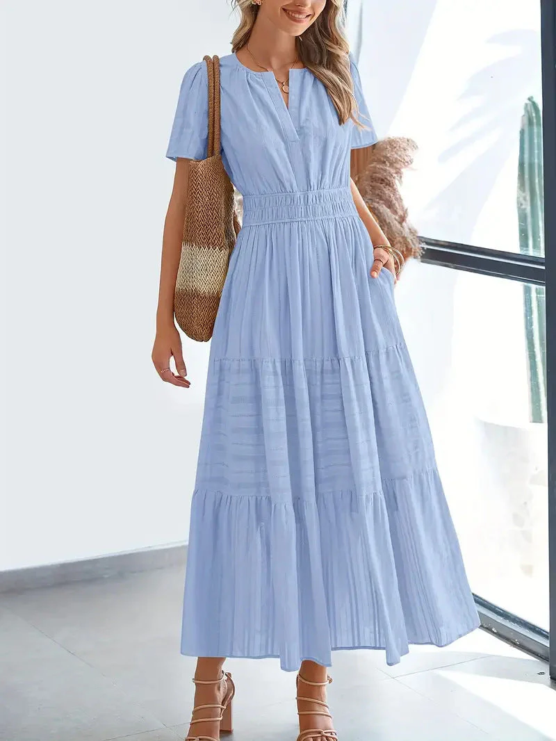 Ladies Maxi Dress – V-Neck – Puff Sleeves – Ruched Waist – A-Line With Ruffles - Image 10