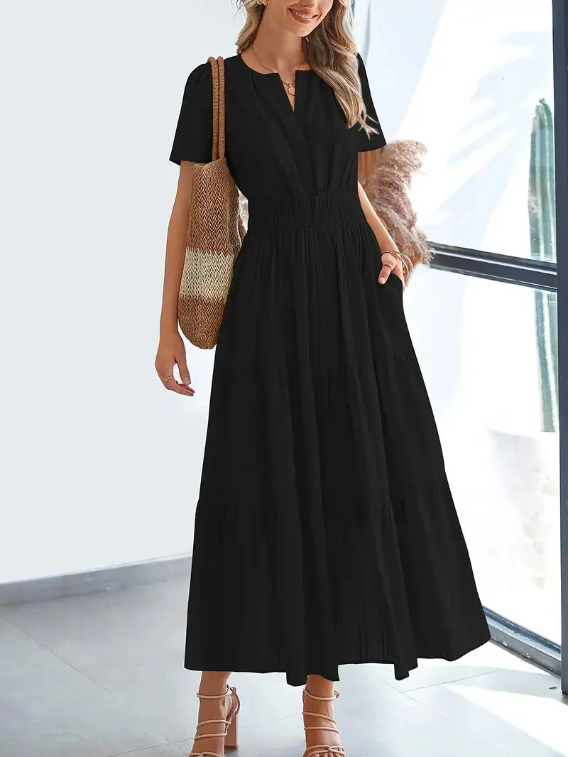 Ladies Maxi Dress – V-Neck – Puff Sleeves – Ruched Waist – A-Line With Ruffles - Image 11