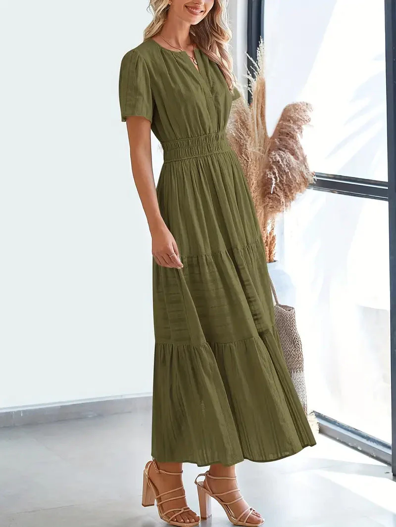 Ladies Maxi Dress – V-Neck – Puff Sleeves – Ruched Waist – A-Line With Ruffles - Image 12