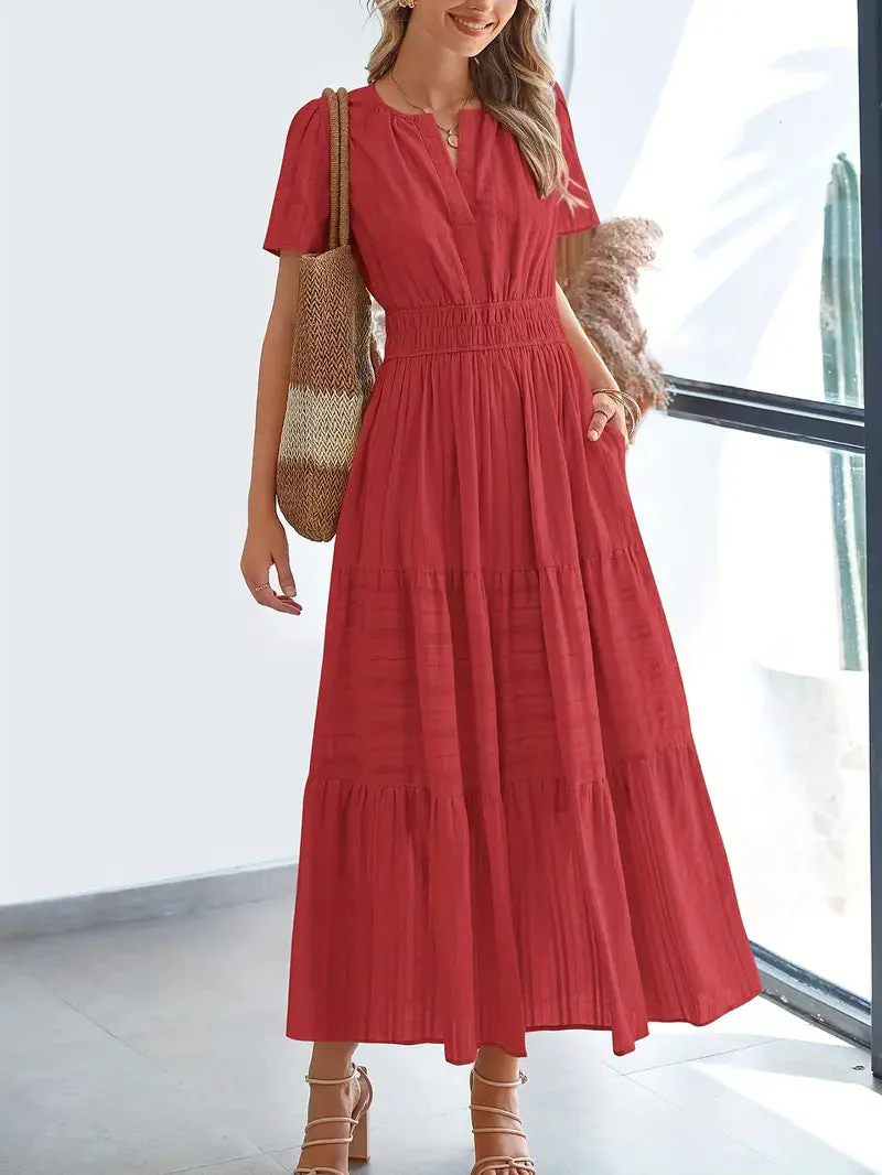 Ladies Maxi Dress – V-Neck – Puff Sleeves – Ruched Waist – A-Line With Ruffles - Image 13