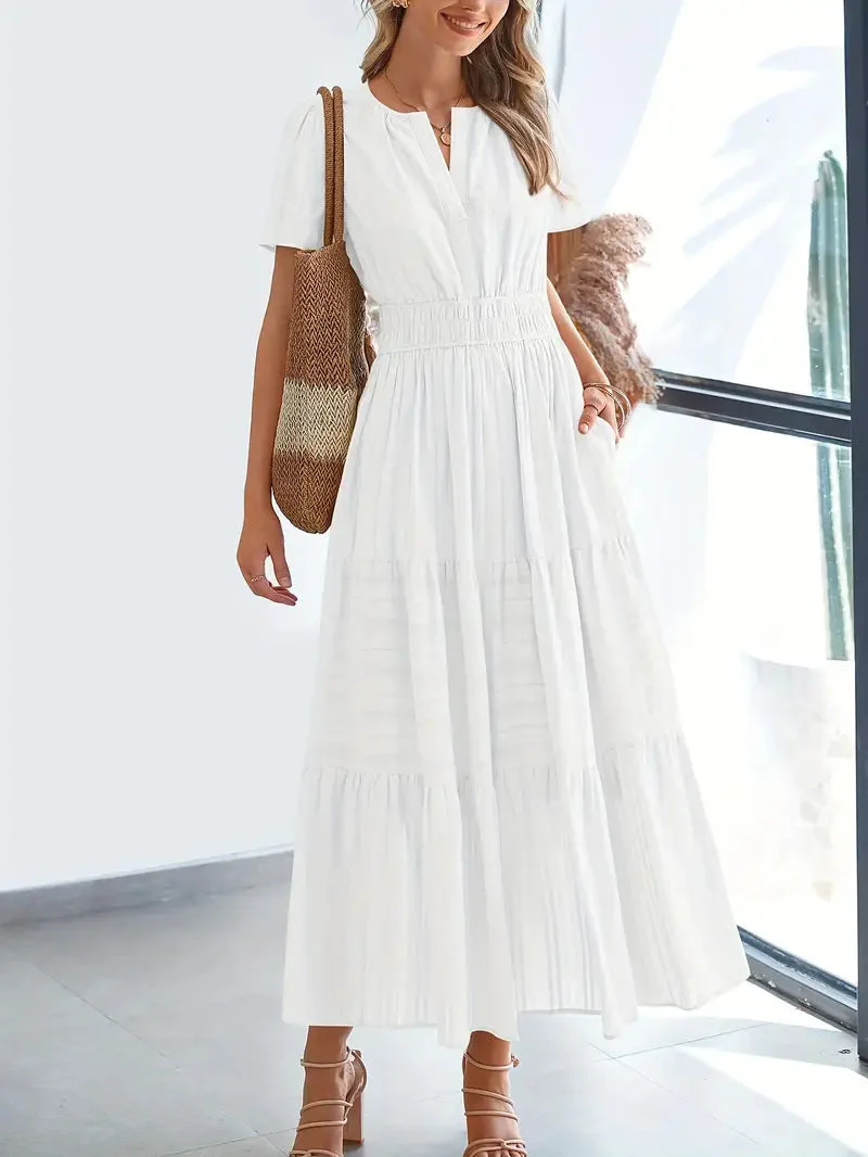 Ladies Maxi Dress – V-Neck – Puff Sleeves – Ruched Waist – A-Line With Ruffles - Image 14