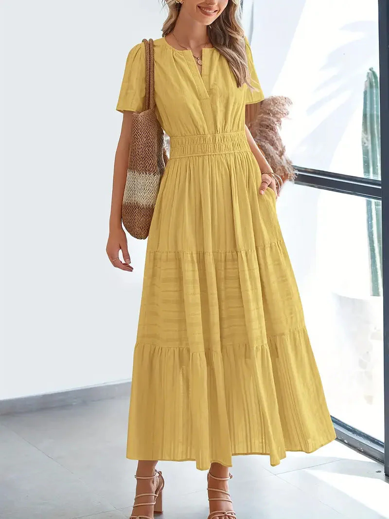 Ladies Maxi Dress – V-Neck – Puff Sleeves – Ruched Waist – A-Line With Ruffles - Image 15