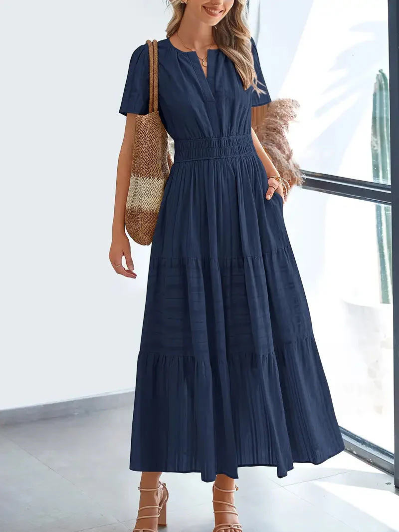 Ladies Maxi Dress – V-Neck – Puff Sleeves – Ruched Waist – A-Line With Ruffles - Image 16
