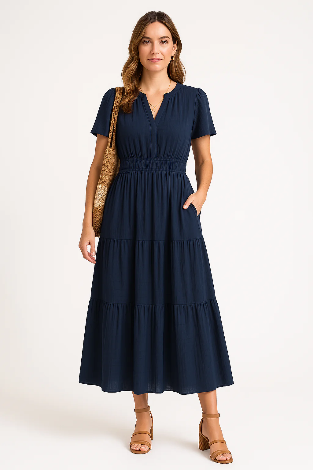 Ladies Maxi Dress – V-Neck – Puff Sleeves – Ruched Waist – A-Line With Ruffles - Image 2
