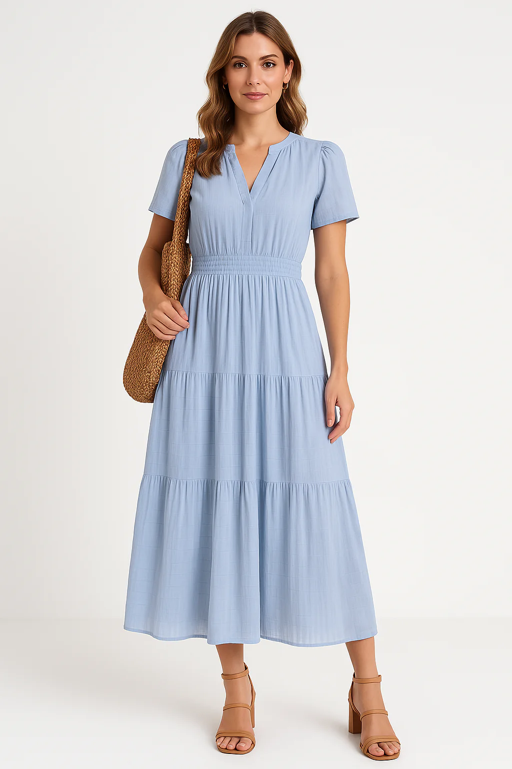 Ladies Maxi Dress – V-Neck – Puff Sleeves – Ruched Waist – A-Line With Ruffles - Image 3