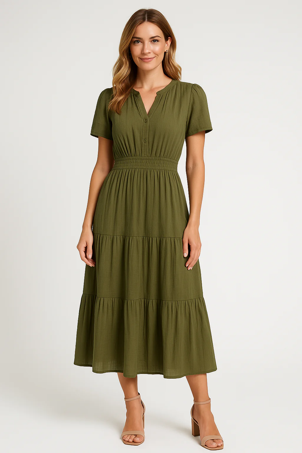 Ladies Maxi Dress – V-Neck – Puff Sleeves – Ruched Waist – A-Line With Ruffles - Image 4