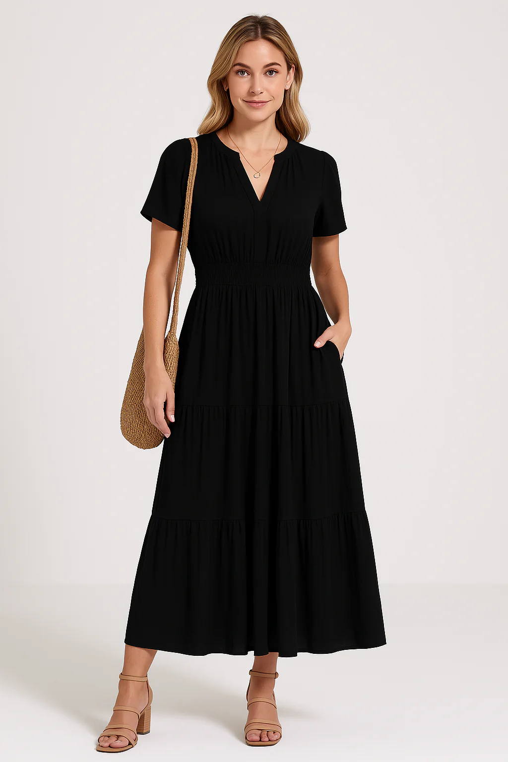 Ladies Maxi Dress – V-Neck – Puff Sleeves – Ruched Waist – A-Line With Ruffles - Image 5