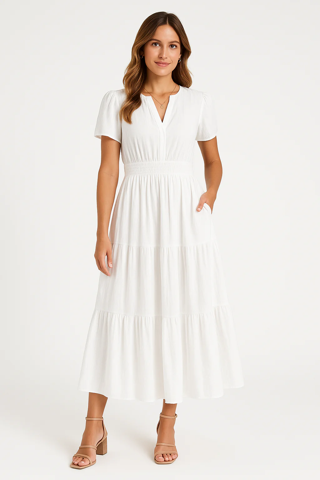Ladies Maxi Dress – V-Neck – Puff Sleeves – Ruched Waist – A-Line With Ruffles - Image 6