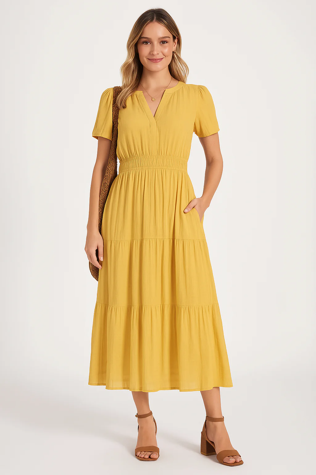 Ladies Maxi Dress – V-Neck – Puff Sleeves – Ruched Waist – A-Line With Ruffles - Image 7