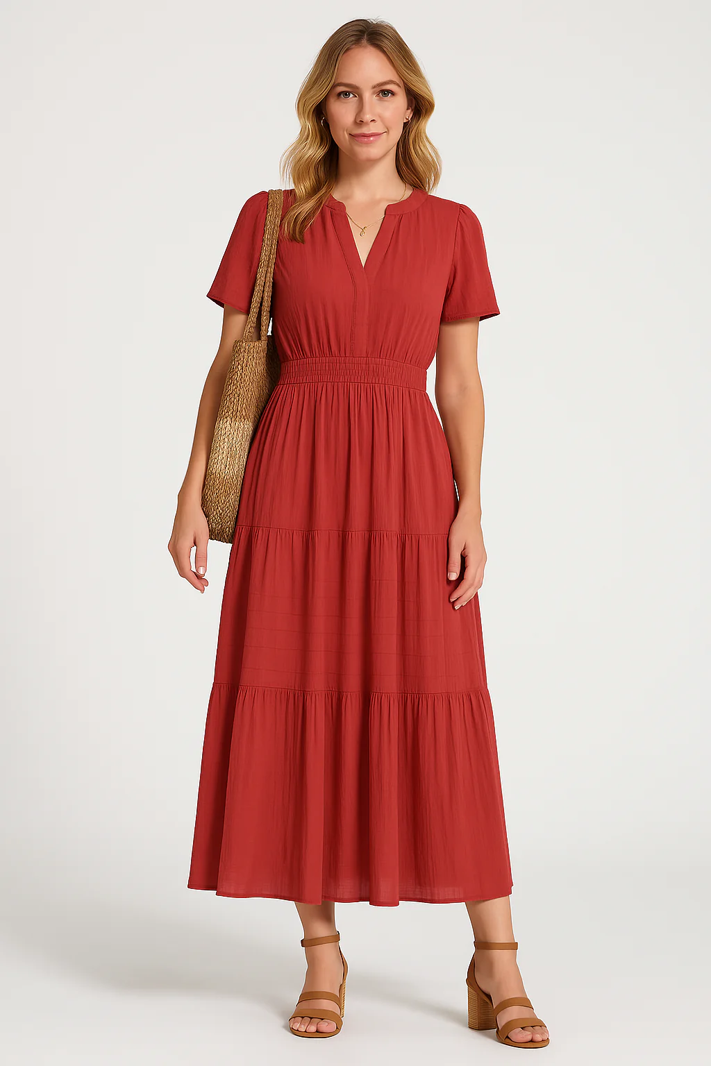 Ladies Maxi Dress – V-Neck – Puff Sleeves – Ruched Waist – A-Line With Ruffles - Image 8