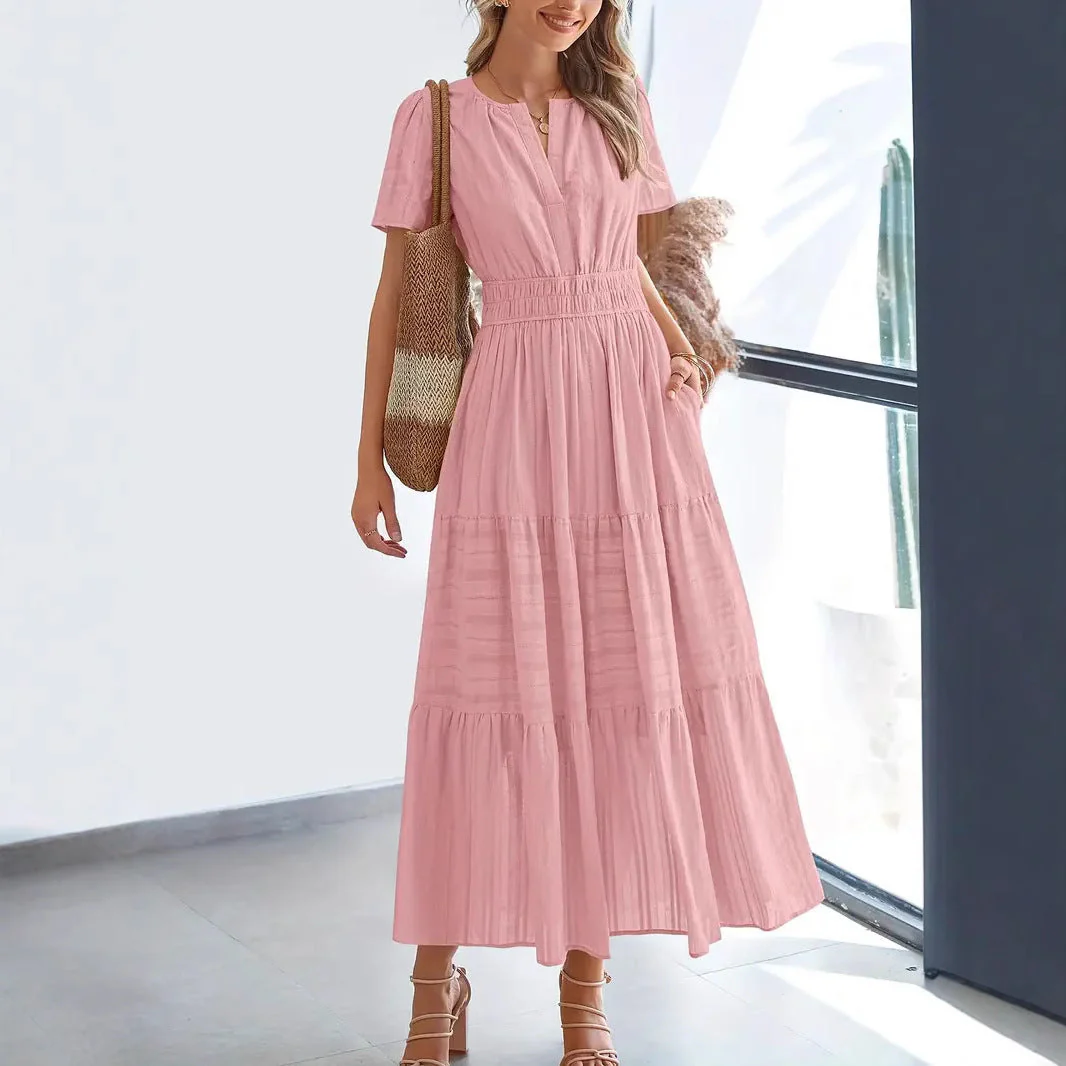 Ladies Maxi Dress – V-Neck – Puff Sleeves – Ruched Waist – A-Line With Ruffles - Image 9