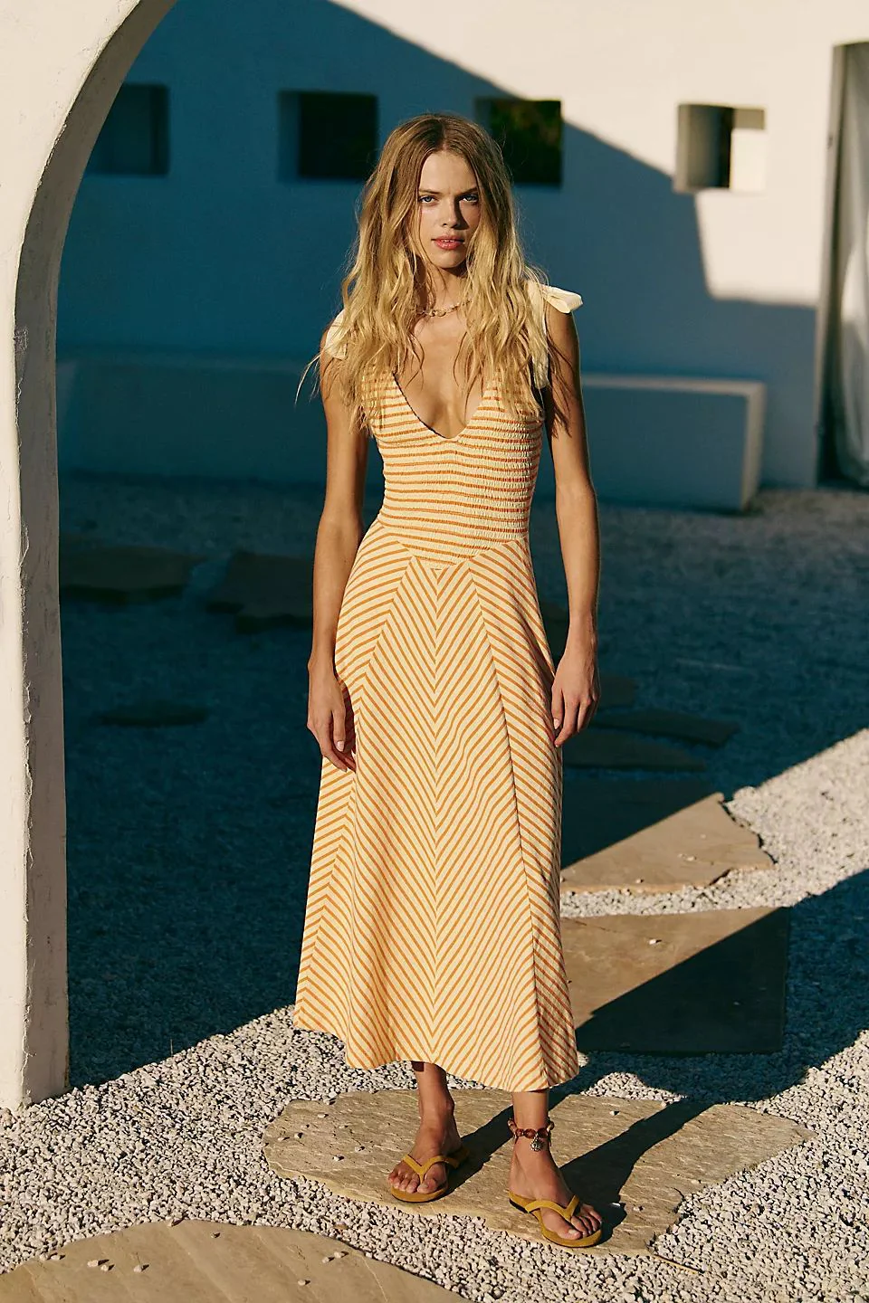 Women's Maxi Dress – V-Neck – Adjustable Shoulder Straps – Flowy Chevron Design – Cotton - Image 6