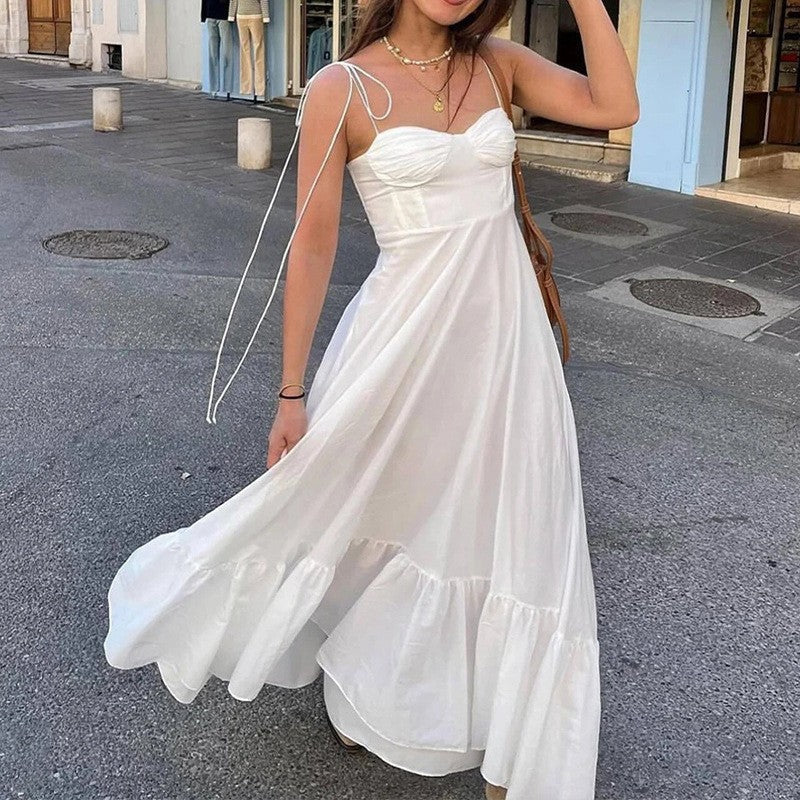 Women's Maxi Dress – Adjustable Spaghetti Straps – Natural Fabric – Low Width – Layered Hem - Image 2