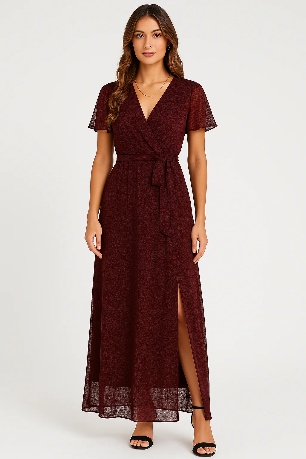 Women's Maxi Dress – Wrap Style – V-Neck – Tie Belt – Butterfly Sleeves – Slit - Image 2